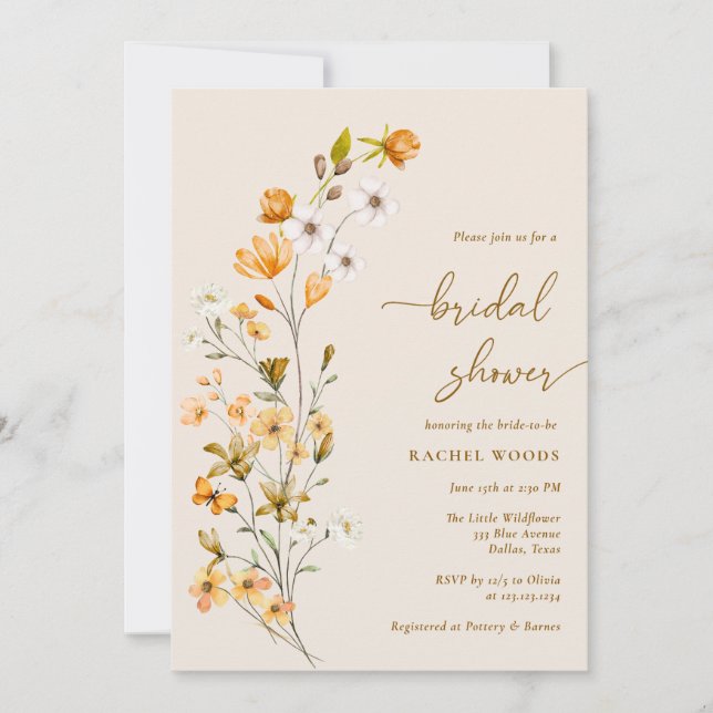 Elegante Boho Wildflower Bridal Shower Invitación (Anverso)