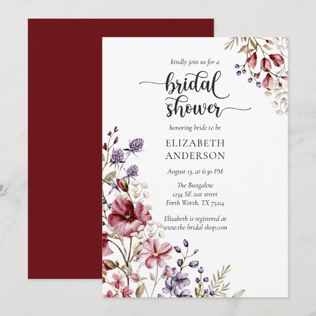 Elegante Boho Wildflower Bridal Shower Invitación (Anverso / Reverso)