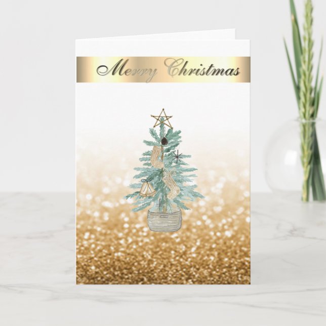 Elegante Bokeh Falso Oro, Árbol de Navidad Acuarel (Anverso)