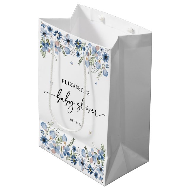 Elegante bolsa de regalo de Baby Shower azul flora (Angulo Anverso)