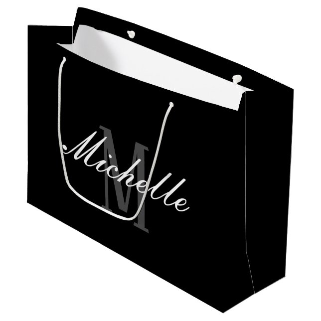 Elegante Bolsa de Regalo en Monograma Negro Grande (Angulo Anverso)