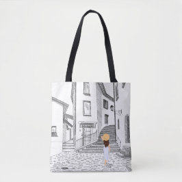 Elegante bolsa de té con ciudad antigua dibujada a