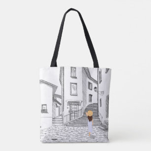 Elegante bolsa de té con ciudad antigua dibujada a