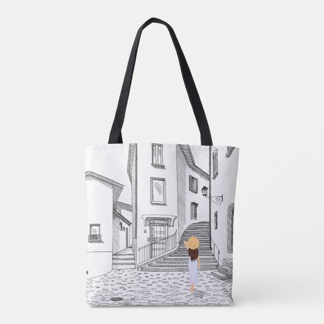 Elegante bolsa de té con ciudad antigua dibujada a (Reverso)