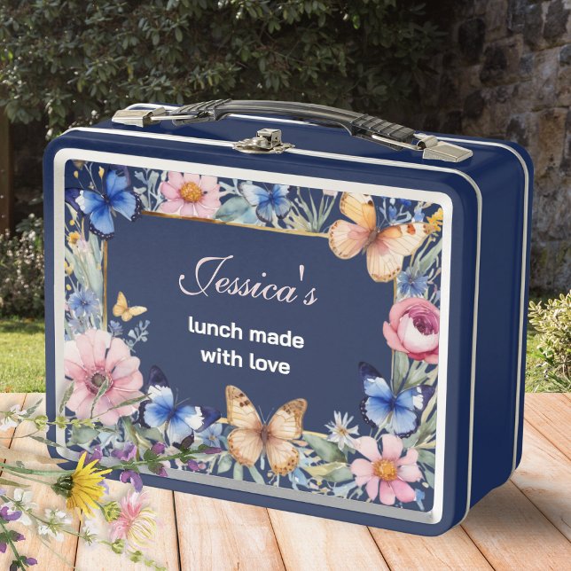 Elegante Bonito floral retro marina azul personali (Personalized lunch box with monogram, flowers, butterflies and 'lunch made with love" words)
