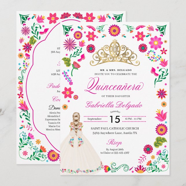 Elegante Bordado Otomí Invitación Quinceañera (Anverso / Reverso)