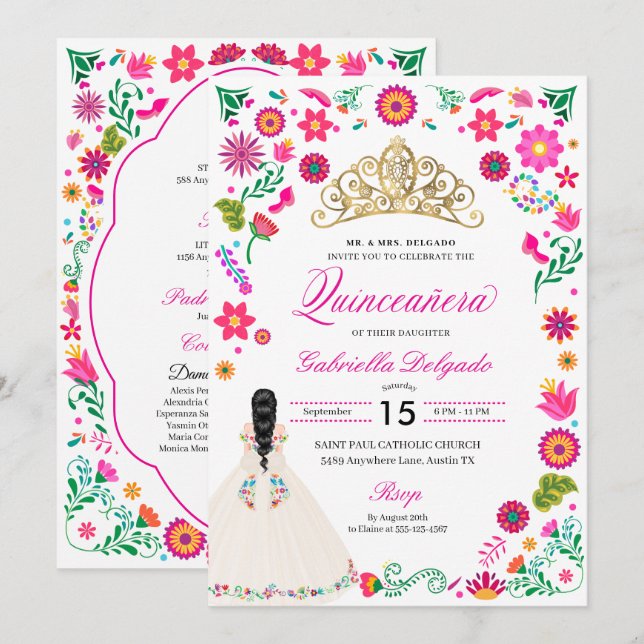 Elegante Bordado Otomí Invitación Quinceañera (Anverso / Reverso)