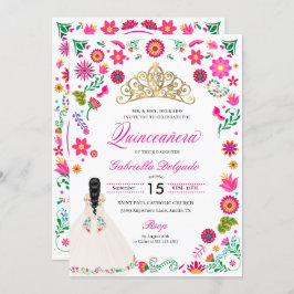 Elegante Bordado Otomí Invitación Quinceañera