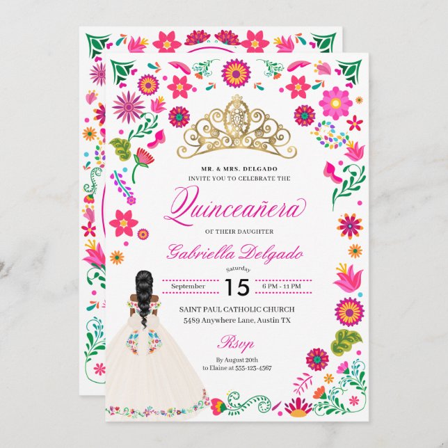 Elegante Bordado Otomí Invitación Quinceañera (Anverso / Reverso)