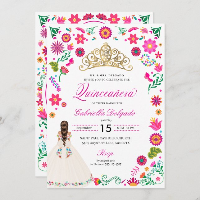 Elegante Bordado Otomí Invitación Quinceañera (Anverso / Reverso)