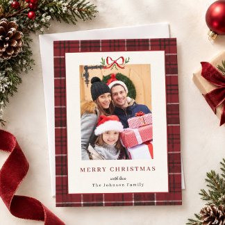Elegante borde de tartán rojo con foto de Navidad