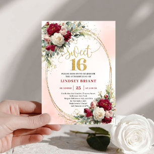 Elegante Borgoña Oro Floral Invitación Dulce 16