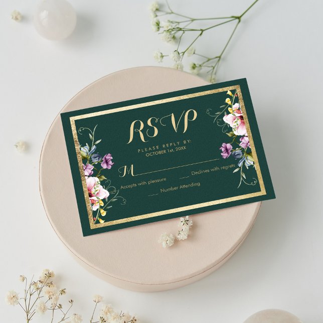 Elegante bosque dorado verde rosa floral RSVP (Elegant forest green gold pink floral RSVP)