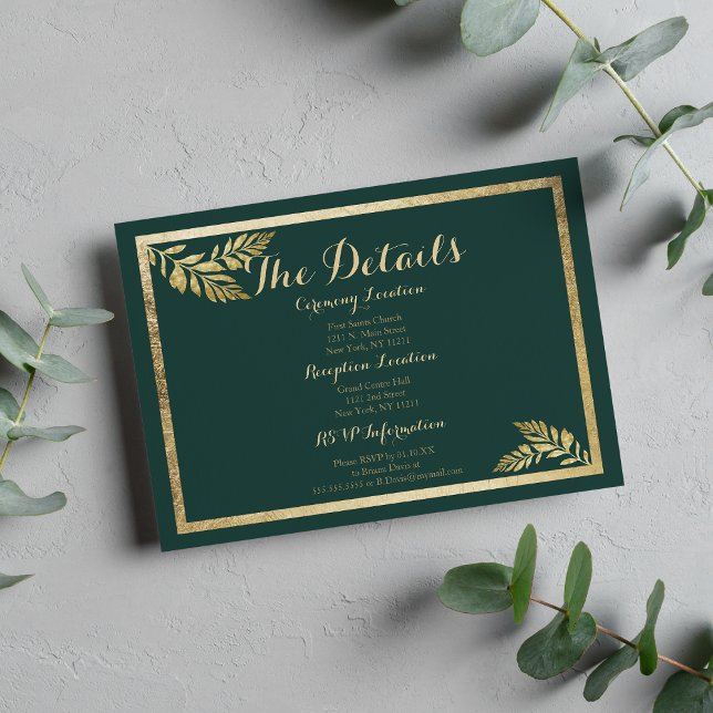 Elegante bosque verde hoja dorada Tarjeta de detal (Elegant forest green golden leaf Details)