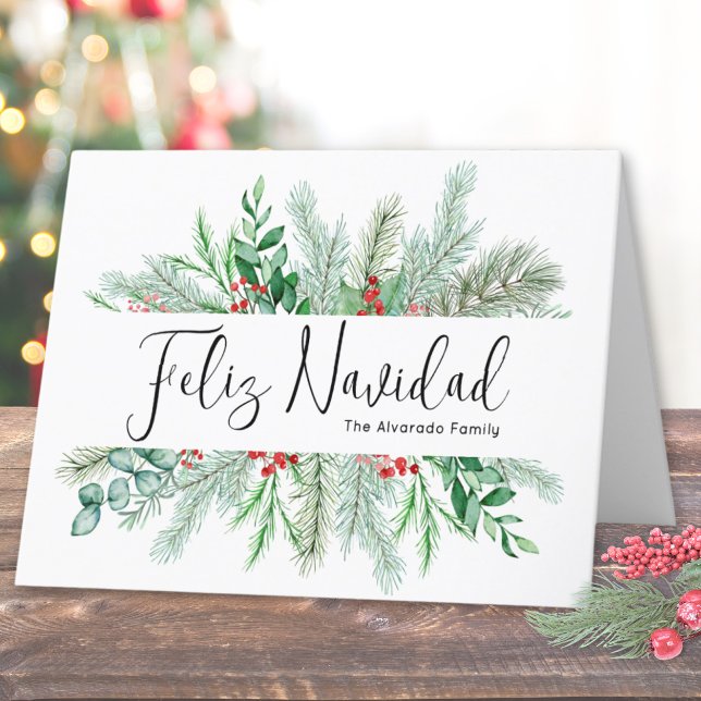 Elegante Botánica Pino Navidad Feliz Navidad (Elegant Bontanical Pine Christmas Feliz Navidad Holiday Card)