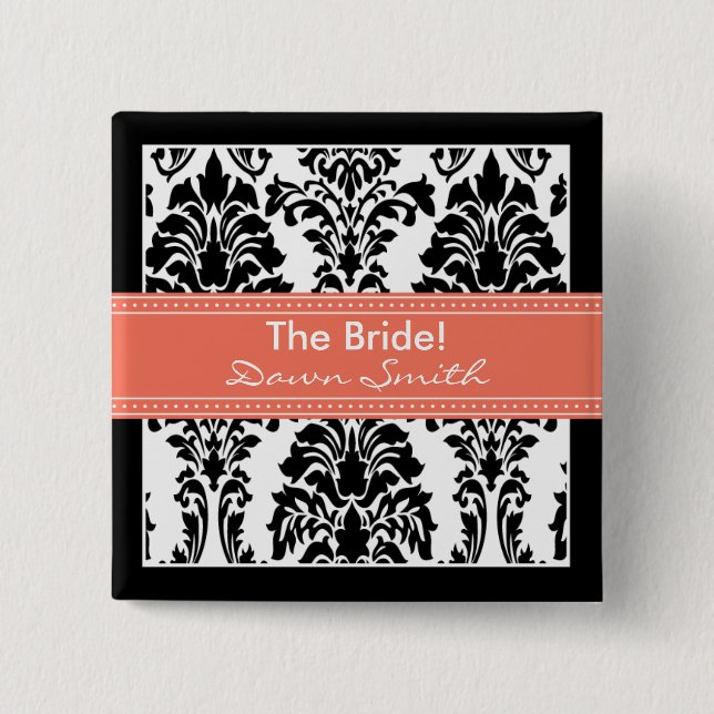 Elegante botón Damask Bridal Party (coral) (Anverso)
