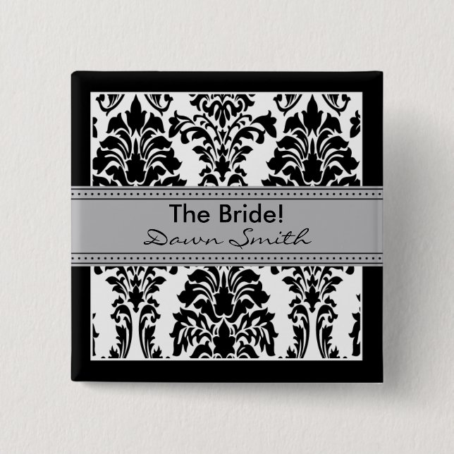 Elegante botón Damask Bridal Party (gris) (Anverso)