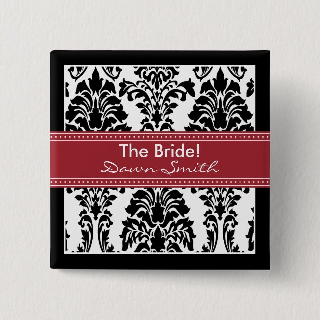 Elegante botón Damask Bridal Party (rojo) (Anverso)