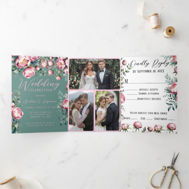 Elegante Bouquet Peony en la invitación a la boda  (Interior)