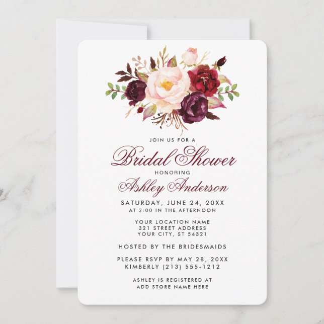 Elegante Bridal Shower Burgundy Floral Invitación (Anverso)