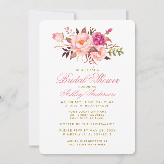 Elegante Bridal Shower Floral Oro rosa Invitación (Anverso)