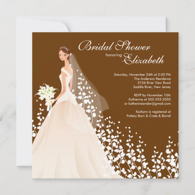 Elegante Bride Bridal Shower Invitación Marrón Bla (Anverso)