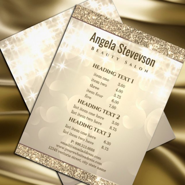 Elegante Brillante Destello Dorado Folleto (#shinypricelist #zazzlemade #elegantopalpricelist #sparkle #light #bright #salepromotion #listofsale)