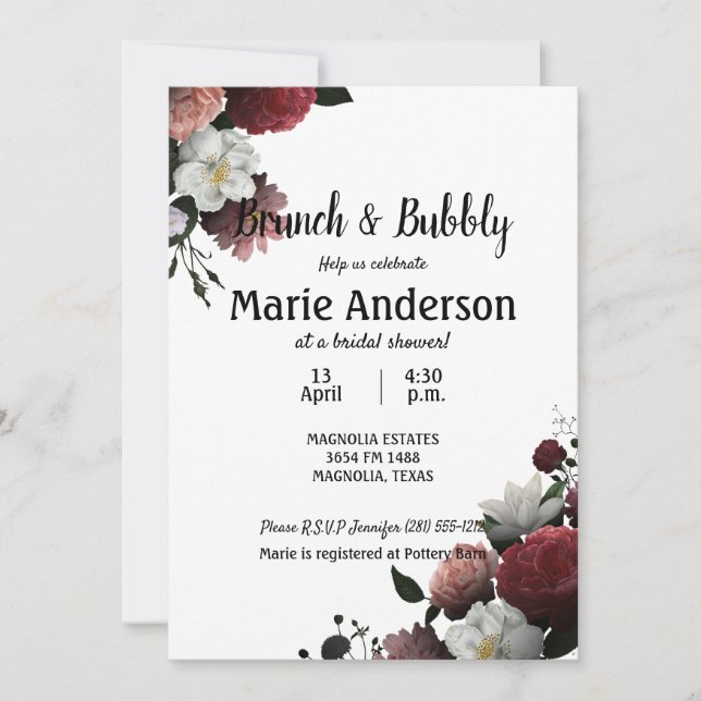 Elegante brunch de ducha de novia borgoñona y rosa (Anverso)