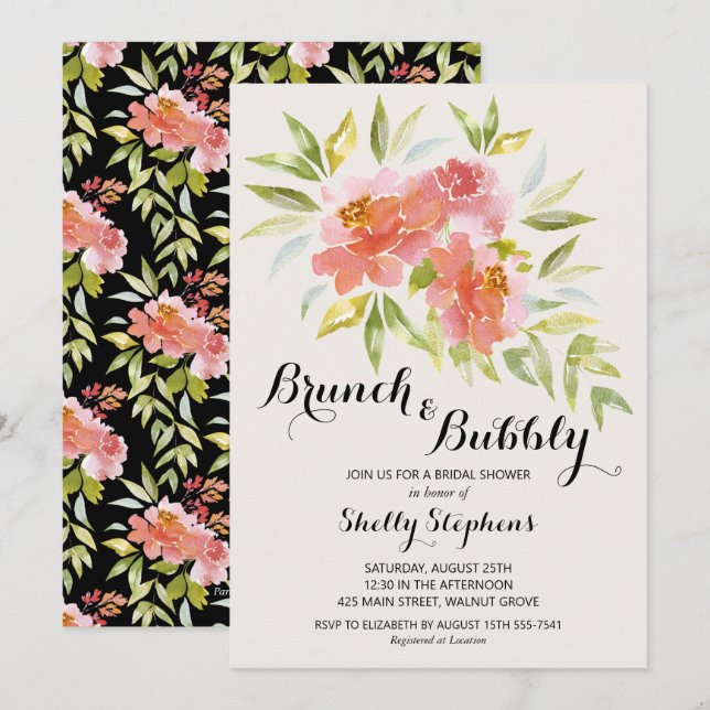 Elegante Brunch y Bubbly Floral Shower Invitación (Anverso / Reverso)