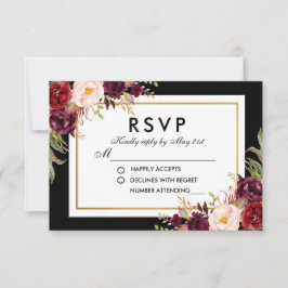 Elegante Burgundy Floral Black Gold Wedding RSVP