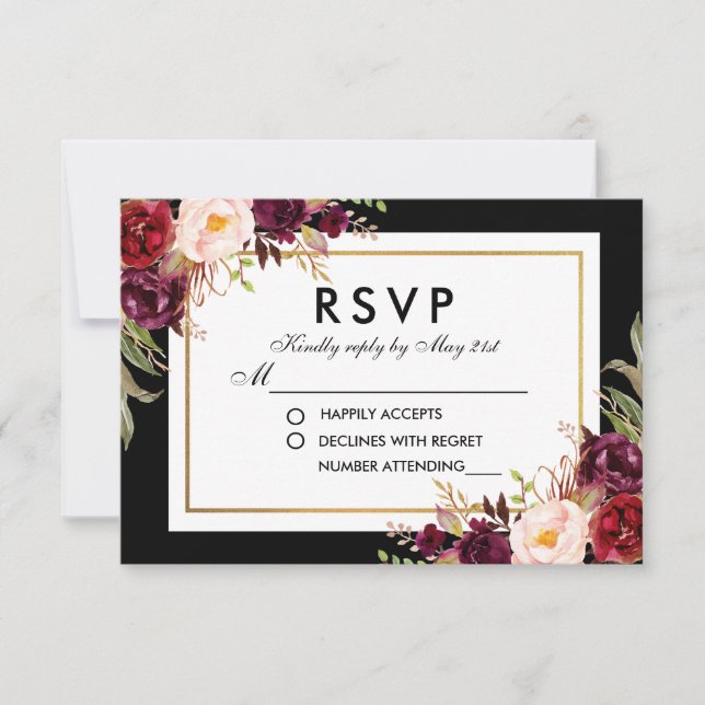 Elegante Burgundy Floral Black Gold Wedding RSVP (Anverso)