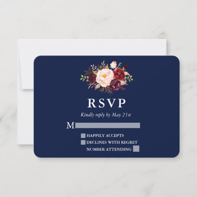 Elegante Burgundy Floral Blue Wedding RSVP (Anverso)