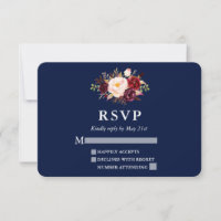 Elegante Burgundy Floral Blue Wedding RSVP