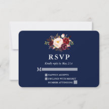 Elegante Burgundy Floral Blue Wedding RSVP