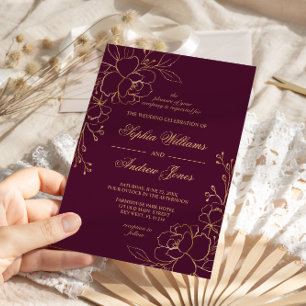 Elegante Burgundy & Gold Flowers Invitación a la b