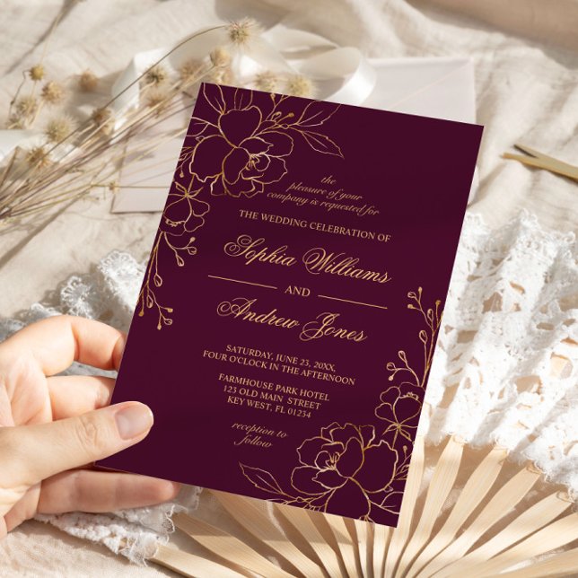 Elegante Burgundy & Gold Flowers Invitación a la b (Subido por el creador)