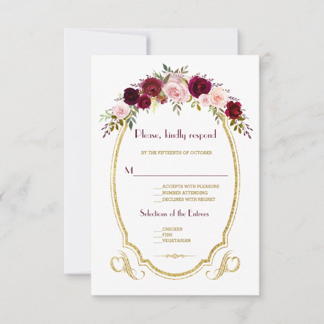 Elegante Burgundy Marsala Floral Fall Wedding RSVP (Anverso)