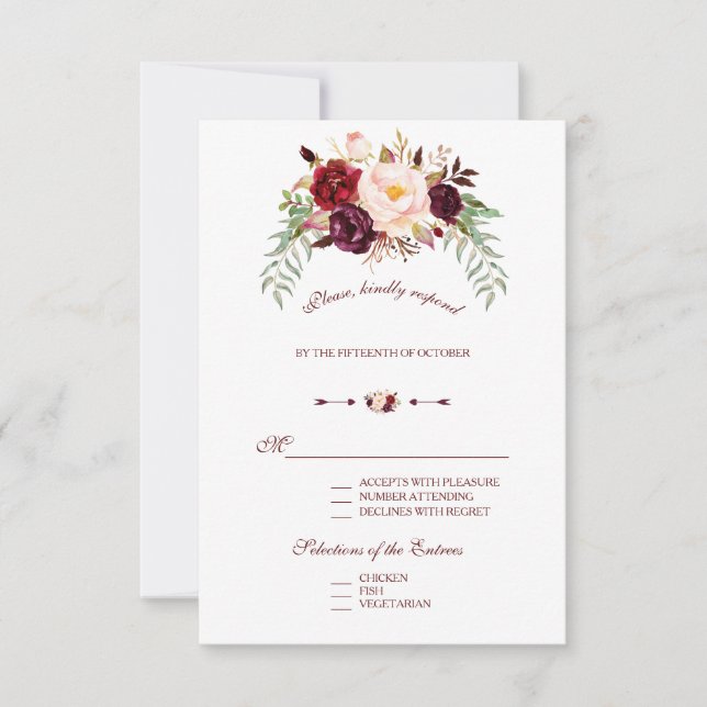 Elegante Burgundy Rojo Marsala Floral Boda RSVP (Anverso)