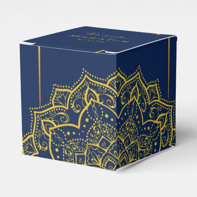 Elegante Caja De Favor De Boda Azul Y Oro Mandala (Costado Anverso)