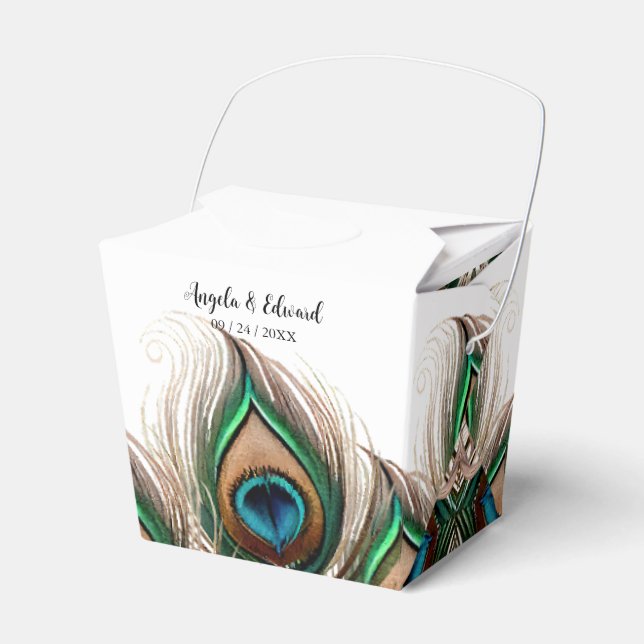 Elegante Caja de Favor de Boda de Pavo Real (Front Side)
