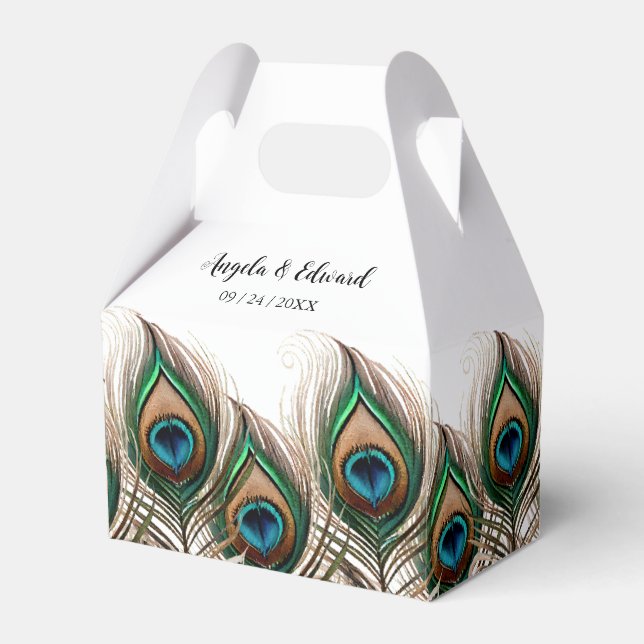 Elegante Caja de Favor de Boda de Pavo Real (Front Side)