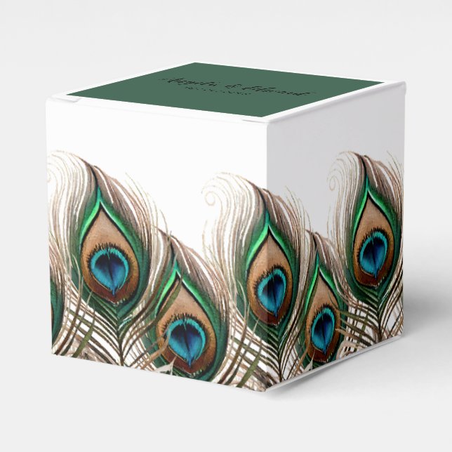 Elegante Caja de Favor de Boda de Pavo Real (Costado Anverso)