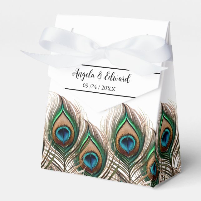 Elegante Caja de Favor de Boda de Pavo Real (Front Side)