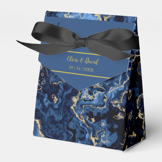 Elegante Caja De Favor De La Boda De Mármol Azul Y (Front Side)
