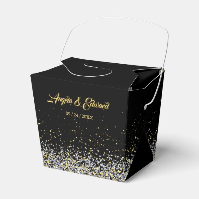 Elegante Caja De Favor De La Boda Negra Y Oro (Front Side)