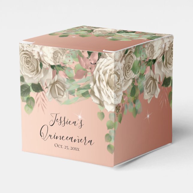 Elegante Caja de Favor de Quinceanera Floral Blanc (Costado Anverso)