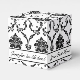 Elegante caja de favores de damasco negro con nomb