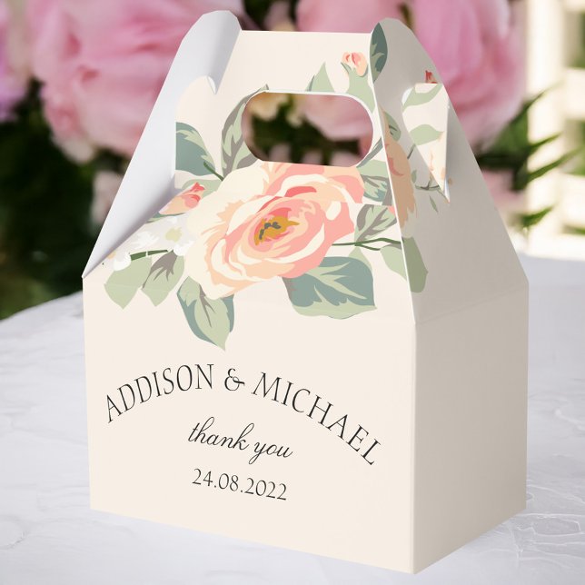 Elegante caja simple de favores florales (Elegant simpel floral beige favor box with your name and date.)