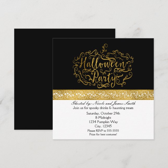 Elegante Calabaza Blanco Negro Invitaciones de Oro (Anverso / Reverso)
