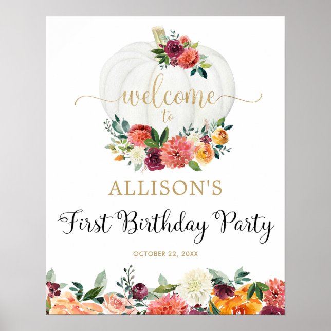 Elegante Calabaza de Otoño primer cumpleaños señal (Frente)